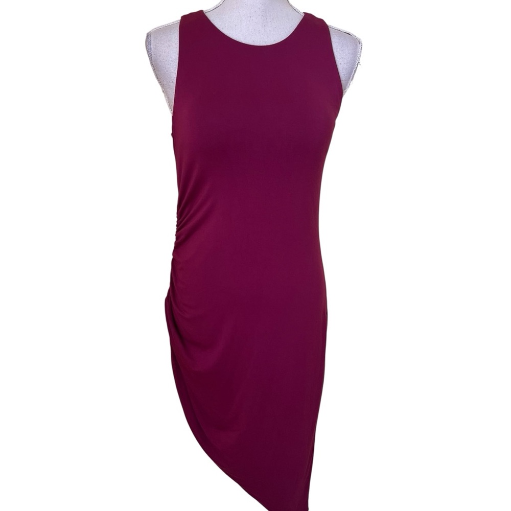 Halara Red Violet Round Neck Ruched Asymmetric Hem BodyCon Sleeveless Mini Dress - Picture 2 of 9